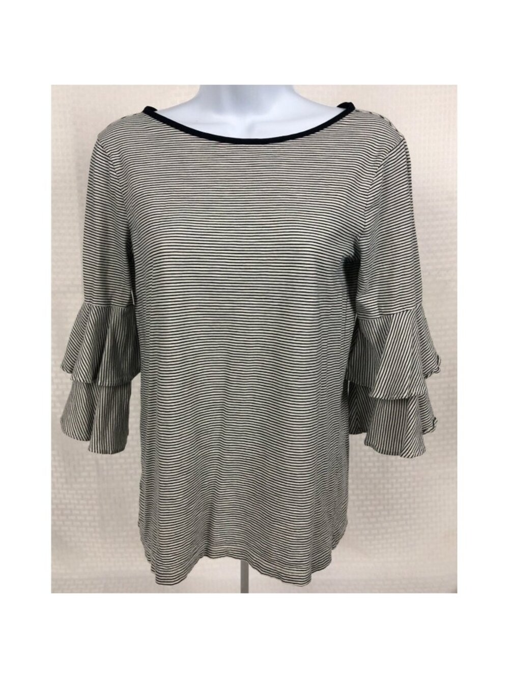 Loft Outlet Top Size XS Black White Thin Stripe Ruffle Bell Sleeves Round Neck